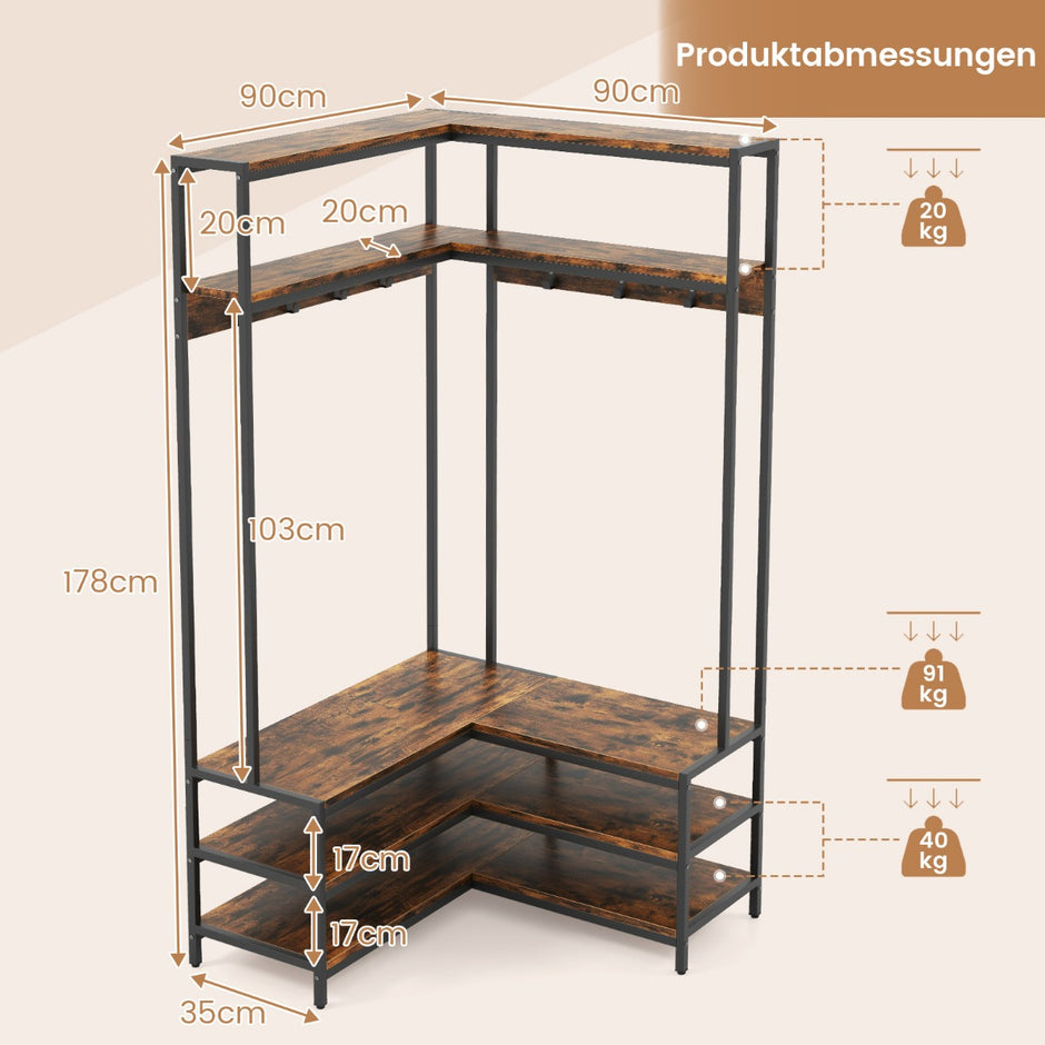Hörnklädhängare – med bänk L formad öppna hyllor Rustikbrun – 90 x 90 x 178 cm – Rustik brun