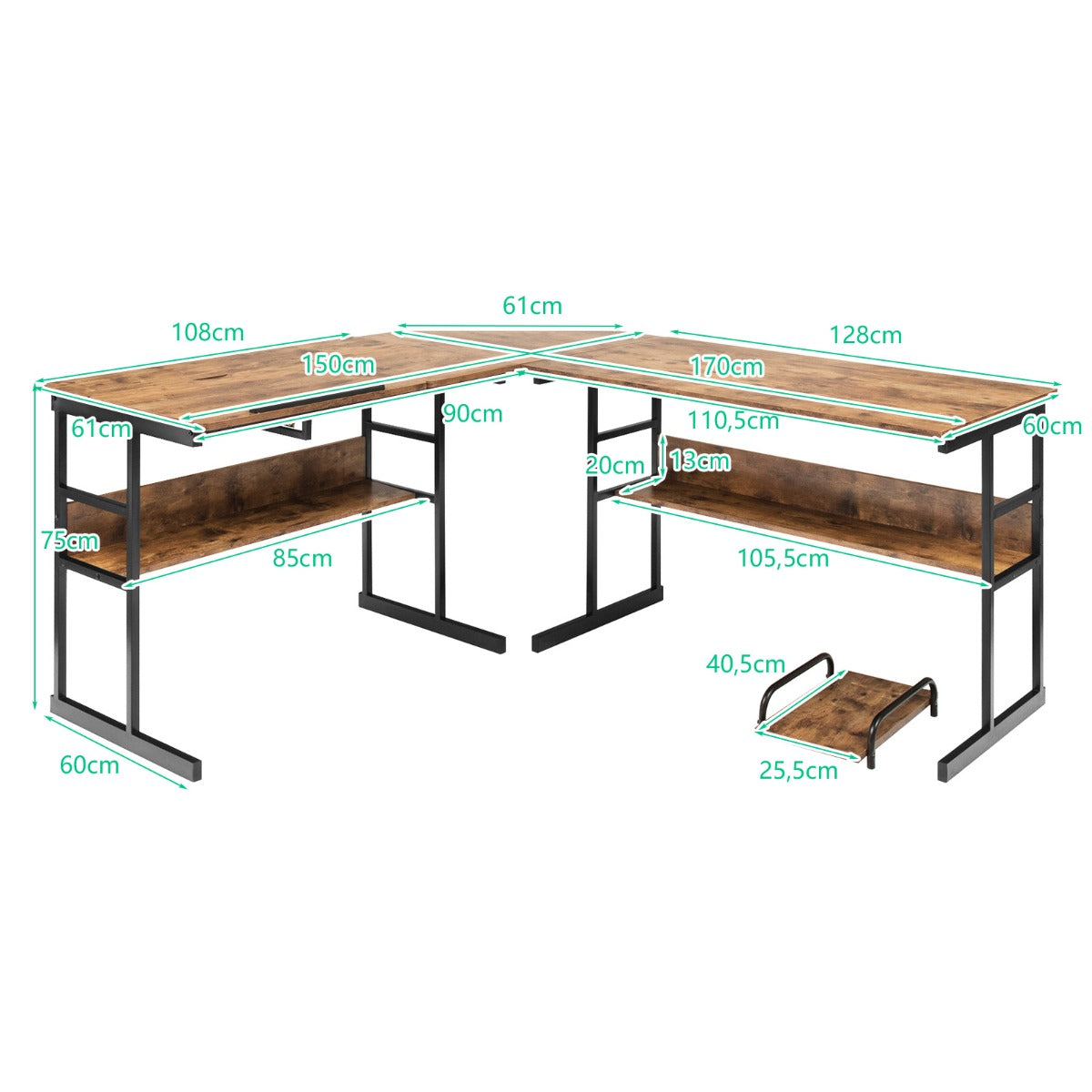 L – format skrivbord med fällbar bordsskiva nedre bokhylla och CPU stativ ritbord datorbord – 170 x 150 x 75 cm – Brun