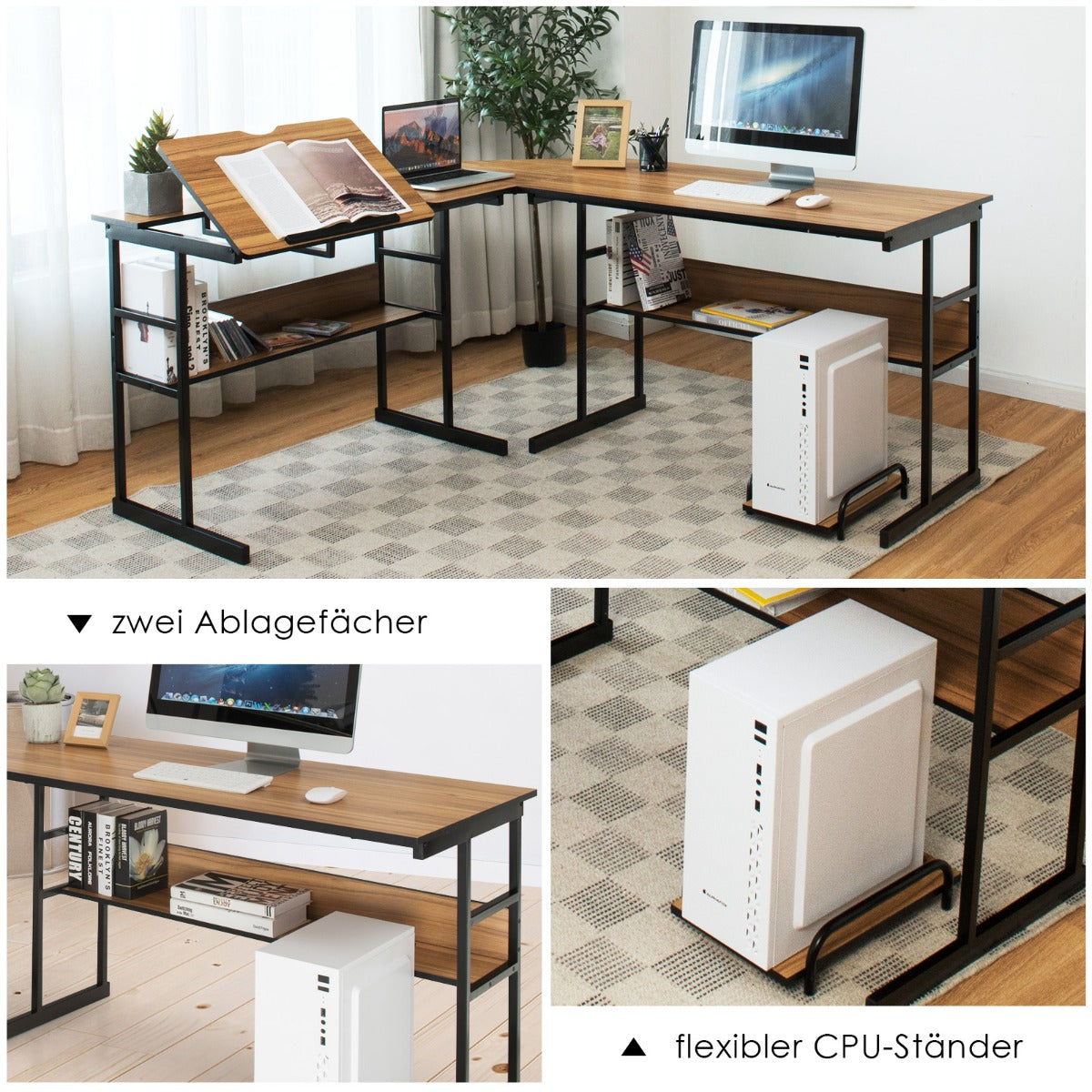 L – format skrivbord med tippbar bordsskiva nedre bokhylla och CPU stativ ritbord datorbord – 170 x 150 x 75 cm – Valnöt