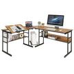 L – format skrivbord med tippbar bordsskiva nedre bokhylla och CPU stativ ritbord datorbord – 170 x 150 x 75 cm – Valnöt