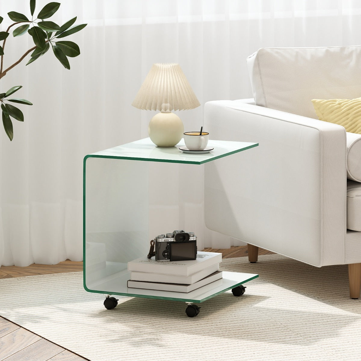 Sidobord – i härdat glas med hjul C formad Nattduksbord Soffbord Kaffebord Vitt – Vit