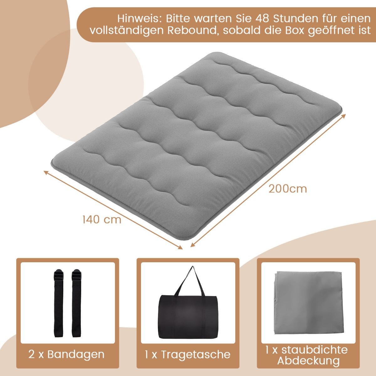 Japansk – futonmadrass med tvättbart överdrag och bärväska Tatami matta – 140 x 200 cm – Grå