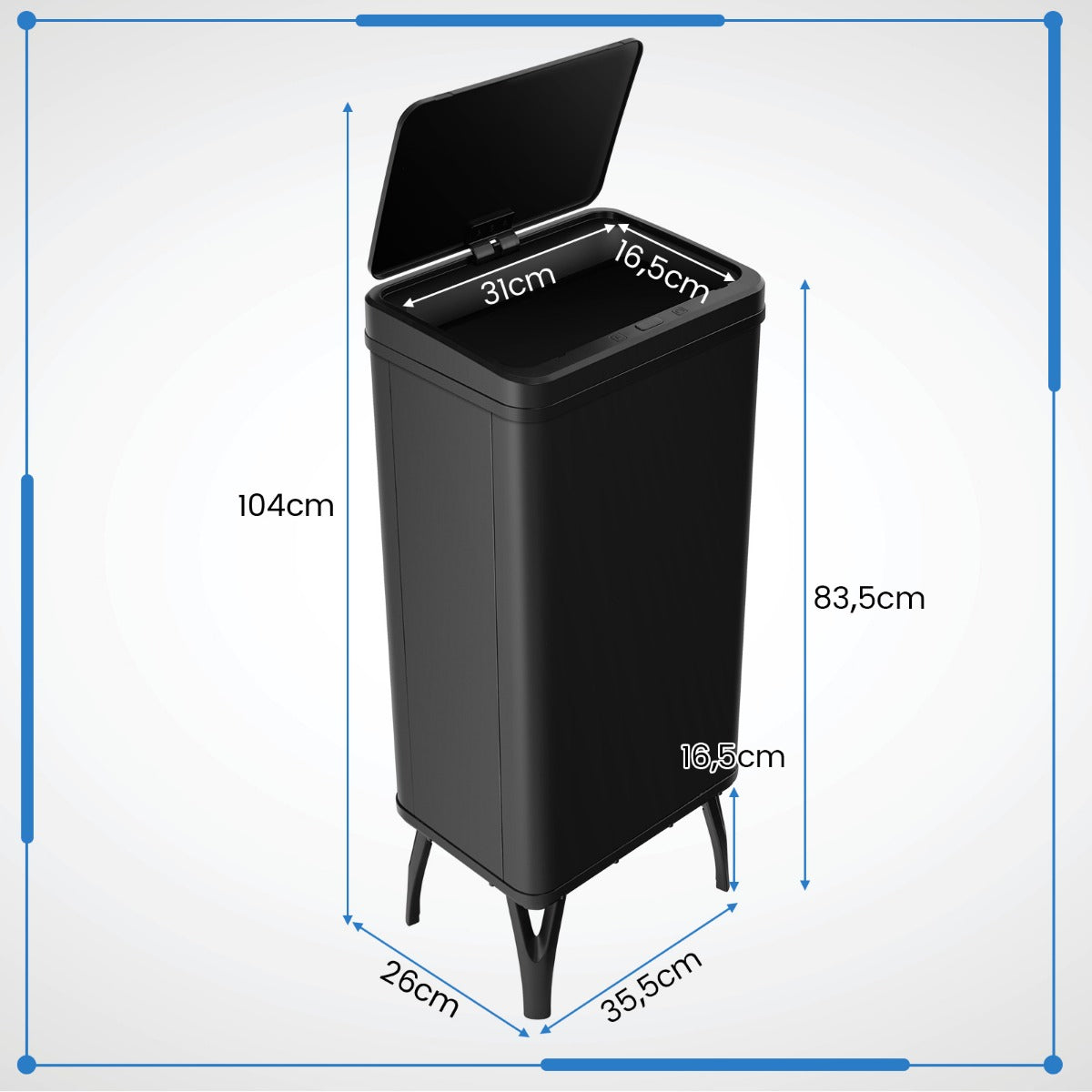 Rostfri – papperskorg Automatisk rörelsesensor med öppet lock – 50 L 33,5 x 26 x 83,5 cm – Svart