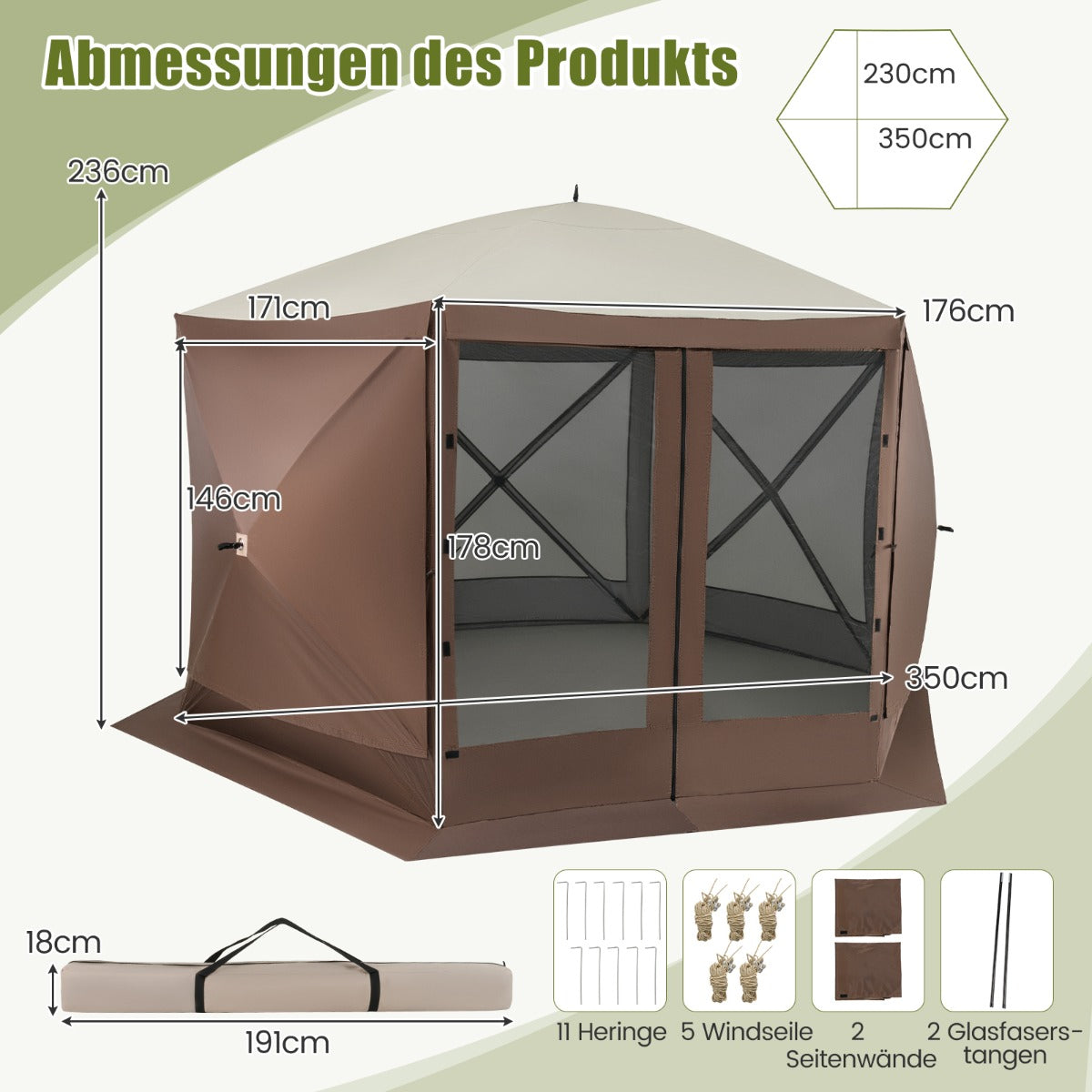 Pop – up Paviljong med bärväska och nätväggar Partytält – 350 x 350 cm – Brun