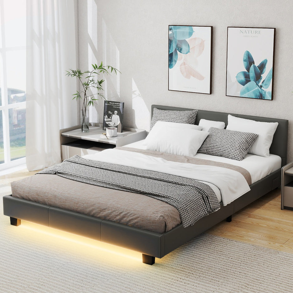 Säng – med LED belysning Polstrad ribbotten – 140 x 200 cm – Grå