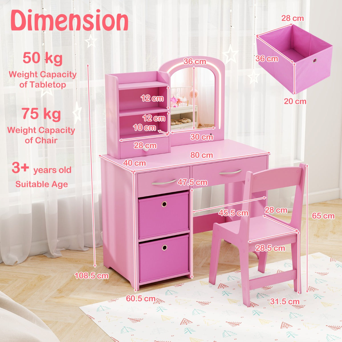 Barn – Sminkbord med Belysning Spegel Frisörbord – Rosa