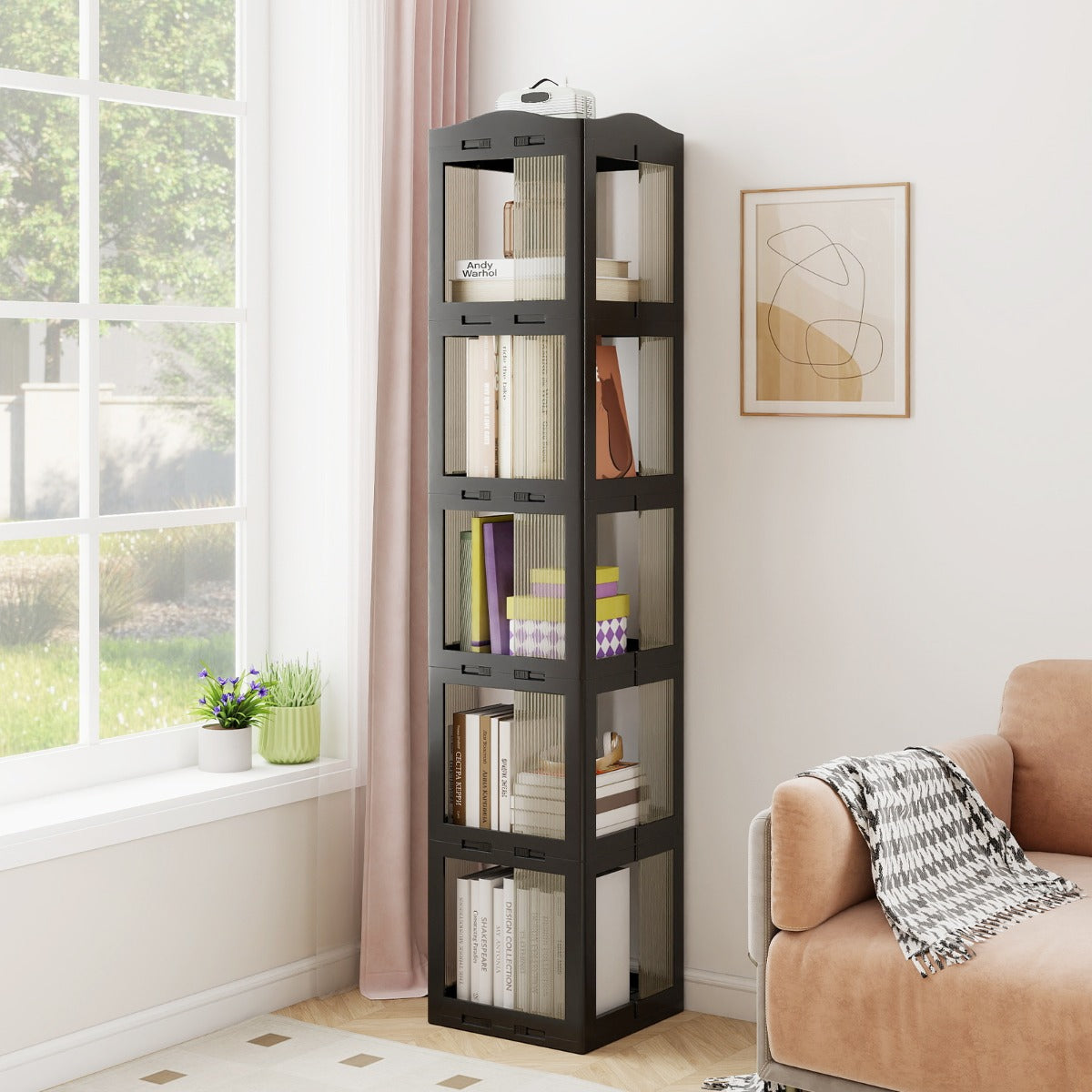 360° – Svängbar Bokhylla Ihopfällbar Ställhylla Transparent Kontorshylla – 36.5 x 36 x 174 cm – Svart