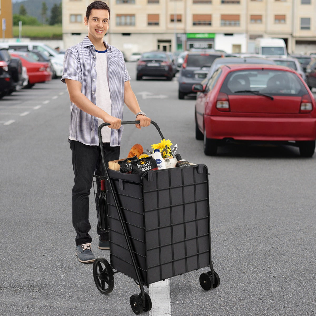 Kundvagn – med Oxford foder Universal framhjul och 120L stor kapacitet halkfri bärbar – Svart