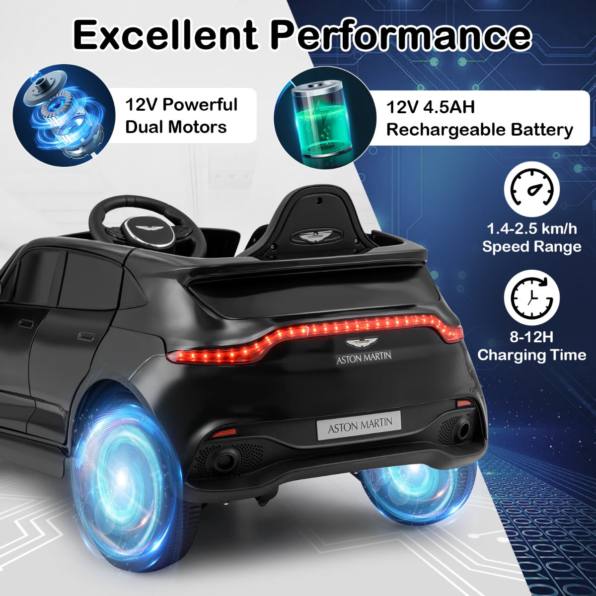 Elektrisk – barnbil Aston Martin licensierat elfordon med tuta musik och LED lampor – Svart