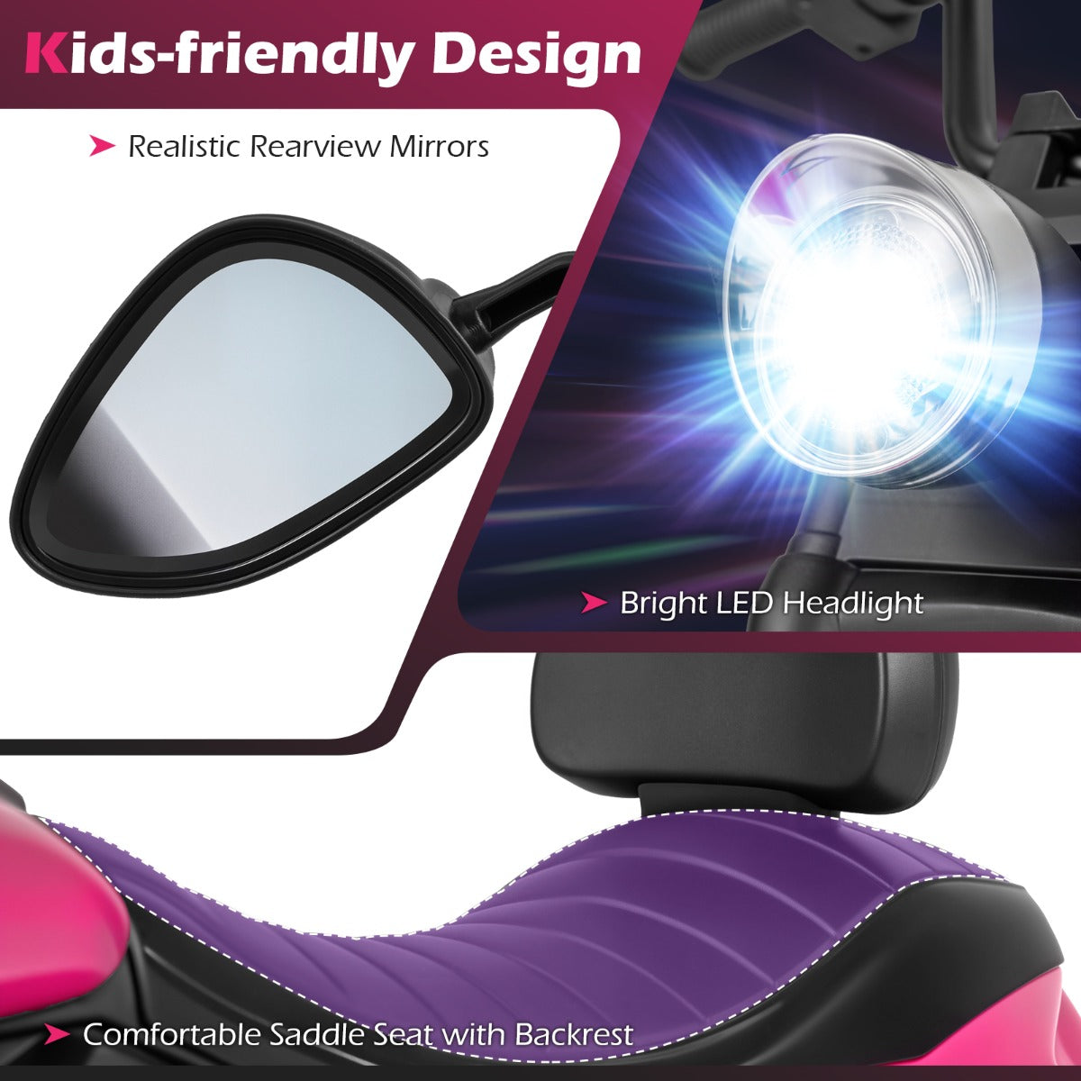 6V – elektrisk barnmotorcykel Chopper med musik, strålkastare, fotpedal och stödhjul – 2 – Rosa