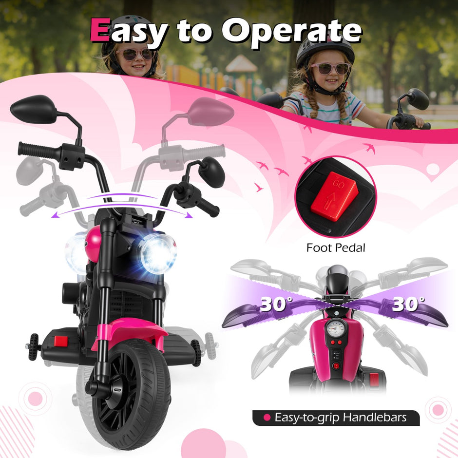 6V – elektrisk barnmotorcykel Chopper med musik, strålkastare, fotpedal och stödhjul – 2 – Rosa