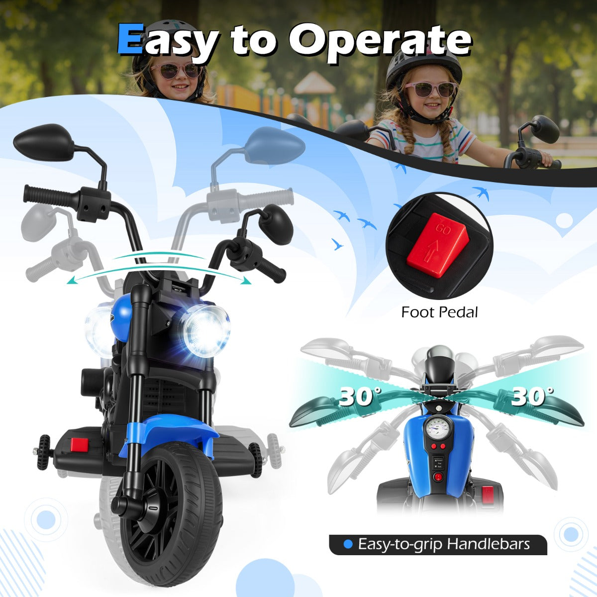 6V – Kinder Motorrad Chopper med musik, strålkastare, fotpedal och stödhjul – 2 – Marinblå