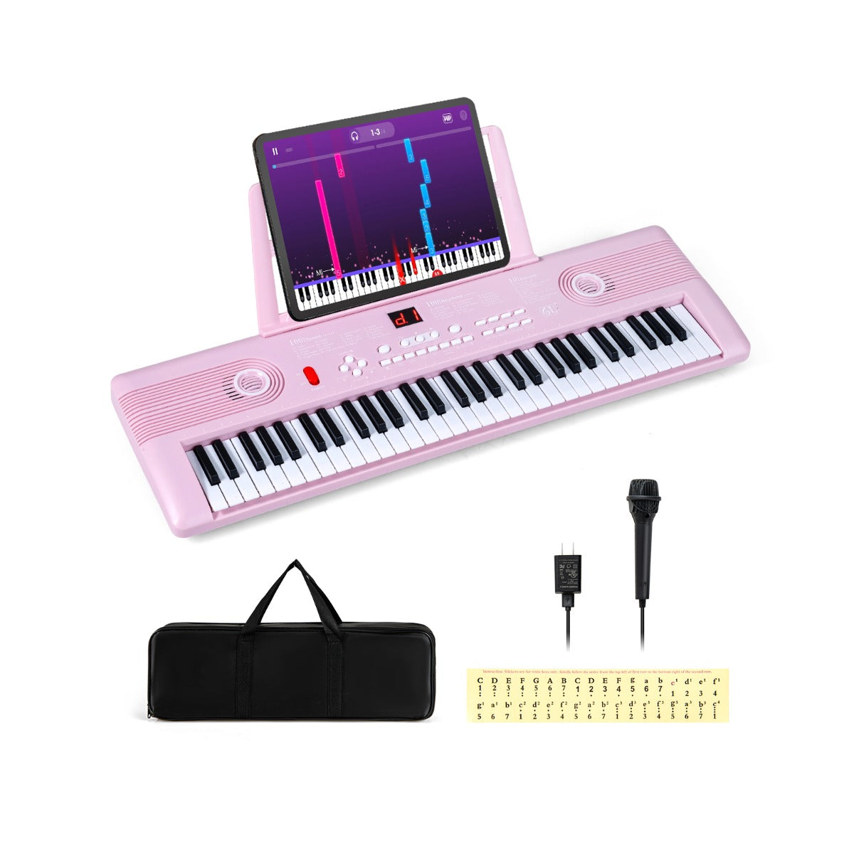 Tangenter – Pianoklavier med stativ och mikrofon bärväska Digitalpiano E – 61 – Rosa