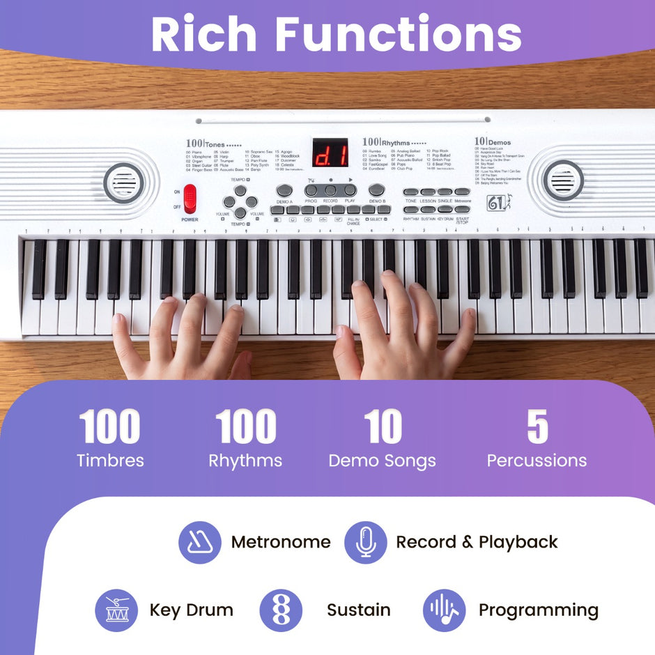 Tangenter – Pianoklavier med stativ och mikrofon bärväska, Digitalpiano E – 61 – Vit