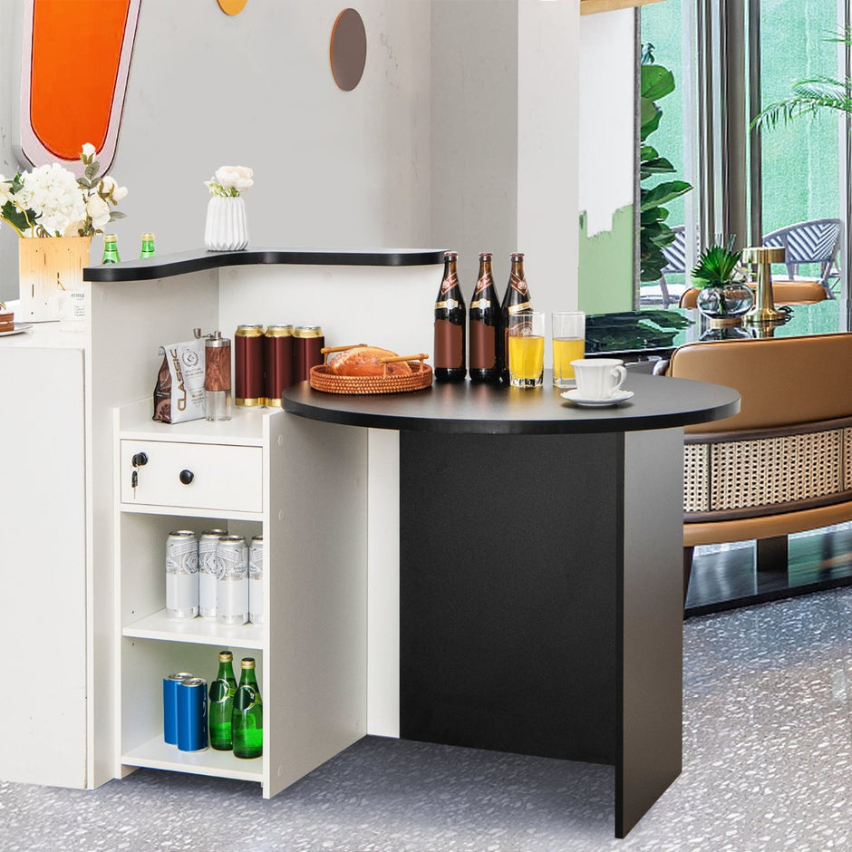 Receptiondisk – med låsbar låda, justerbar hylla, oval bordsskiva, och – Svart och vit