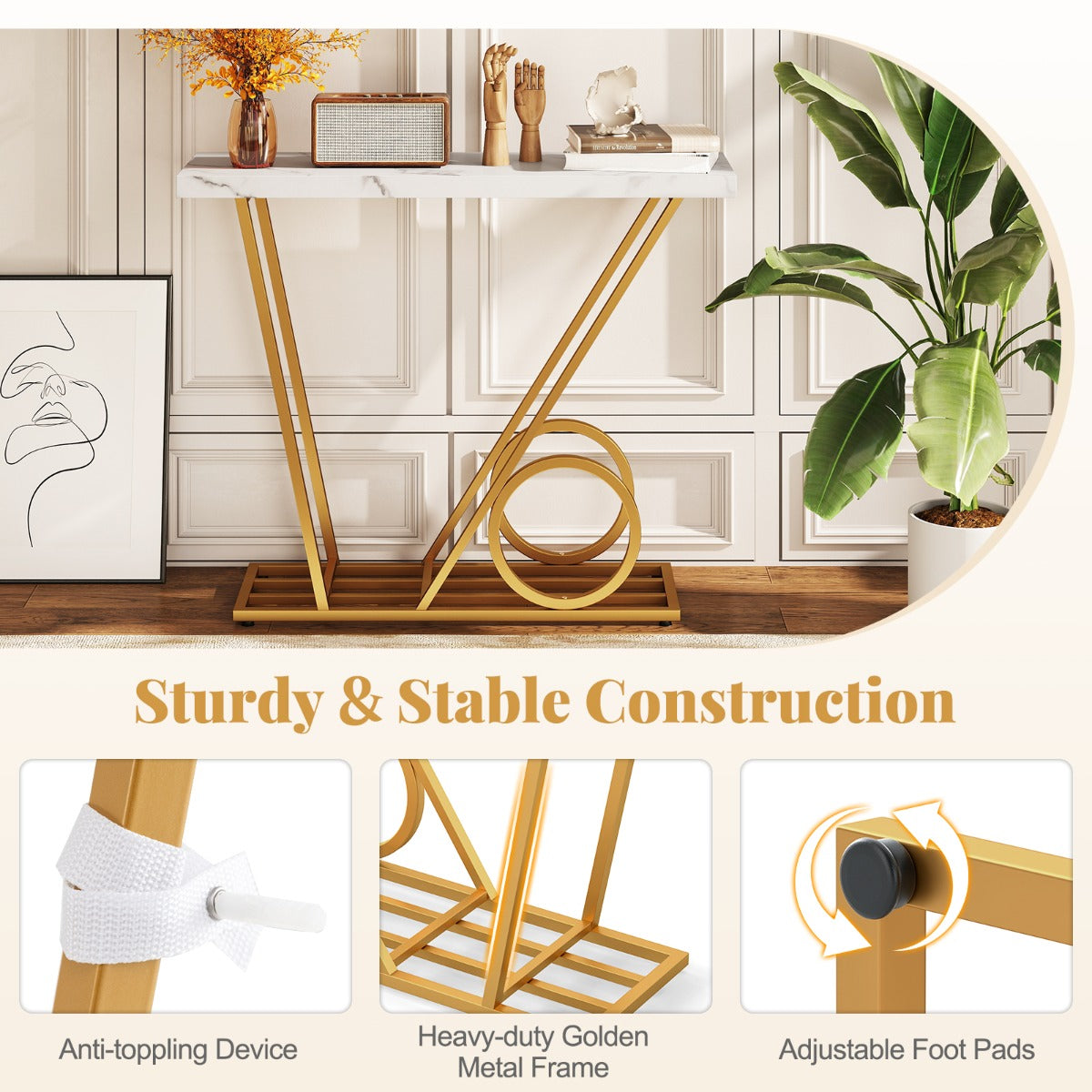 Konsollbord – Modern Infälldsbord med Marmor Optik och Vagn inspirerad Design Sidobord – 100 cm – Vit
