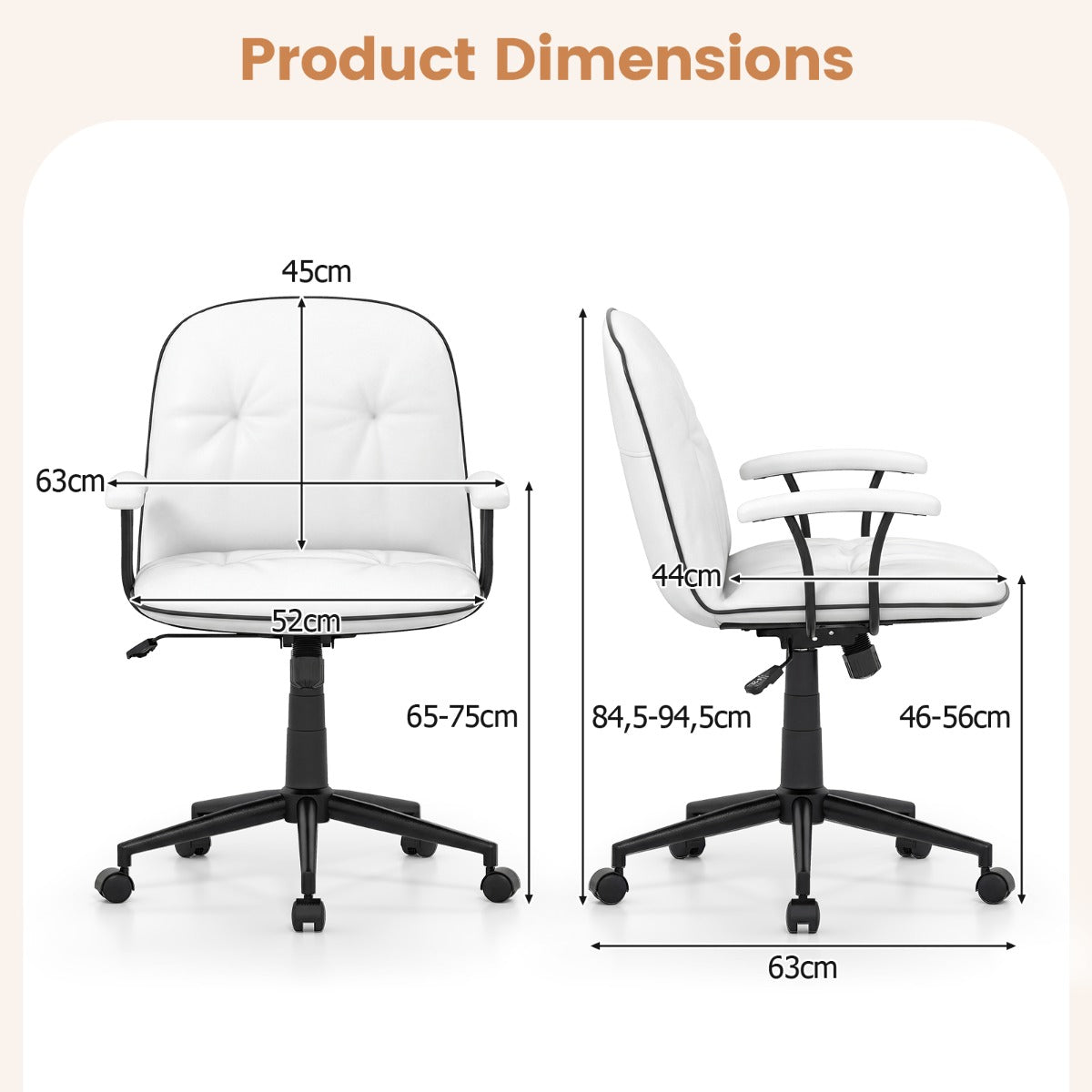 Ergonomisk – kontorsstol Skrivbordsstol i konstläder med vadderade armstöd och bred sits – Vit