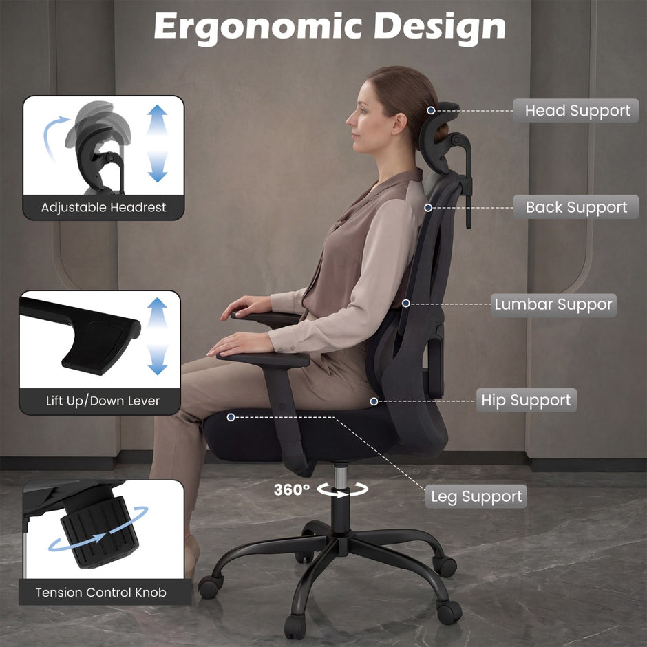 Ergonomisk – kontorsstol med justerbar huvudstöd och ländryggsstöd skrivbordsstol – Svart
