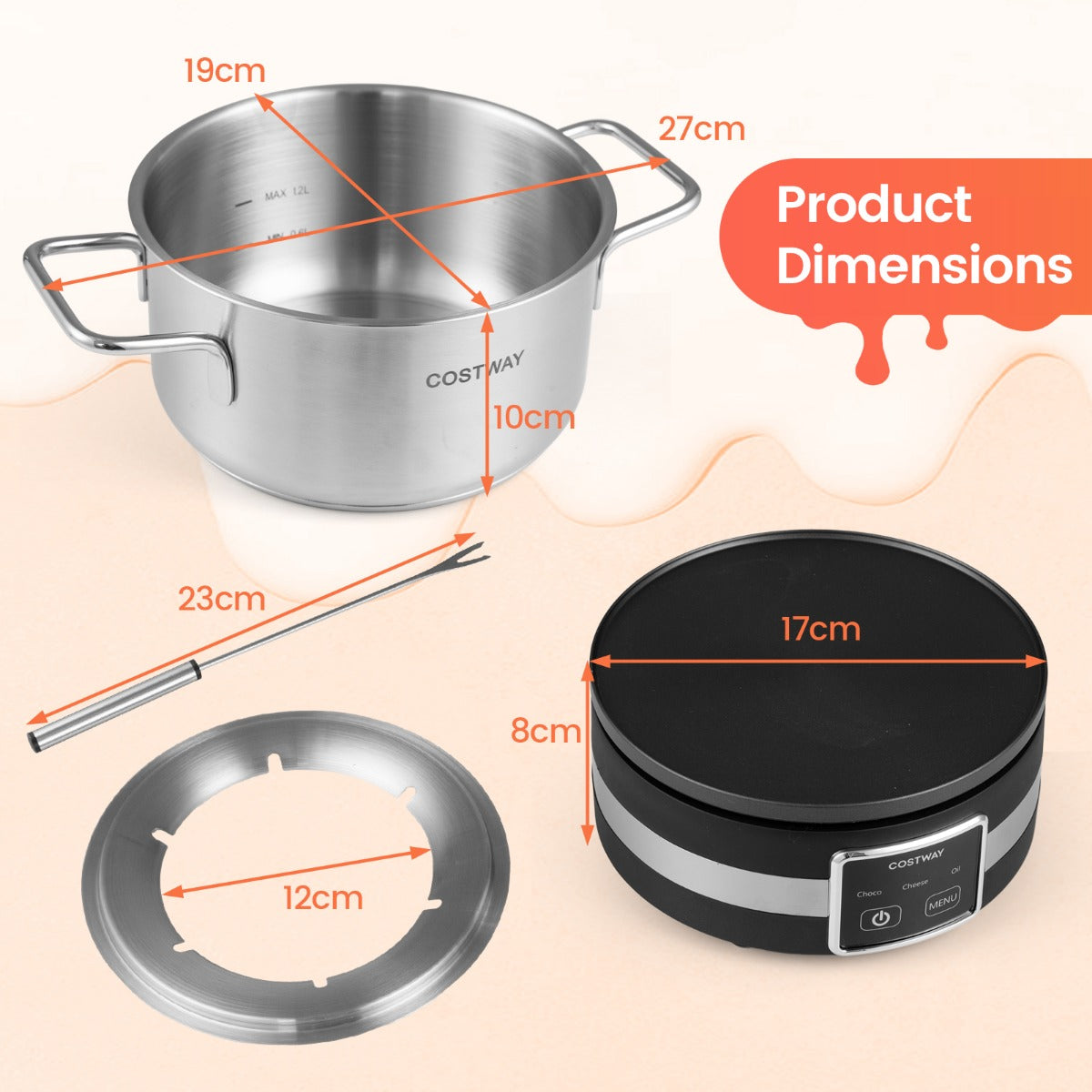 Elektriskt – fondue set 1200W med temperaturreglering och avtagbar rostfri stålgryta – Svart och silver