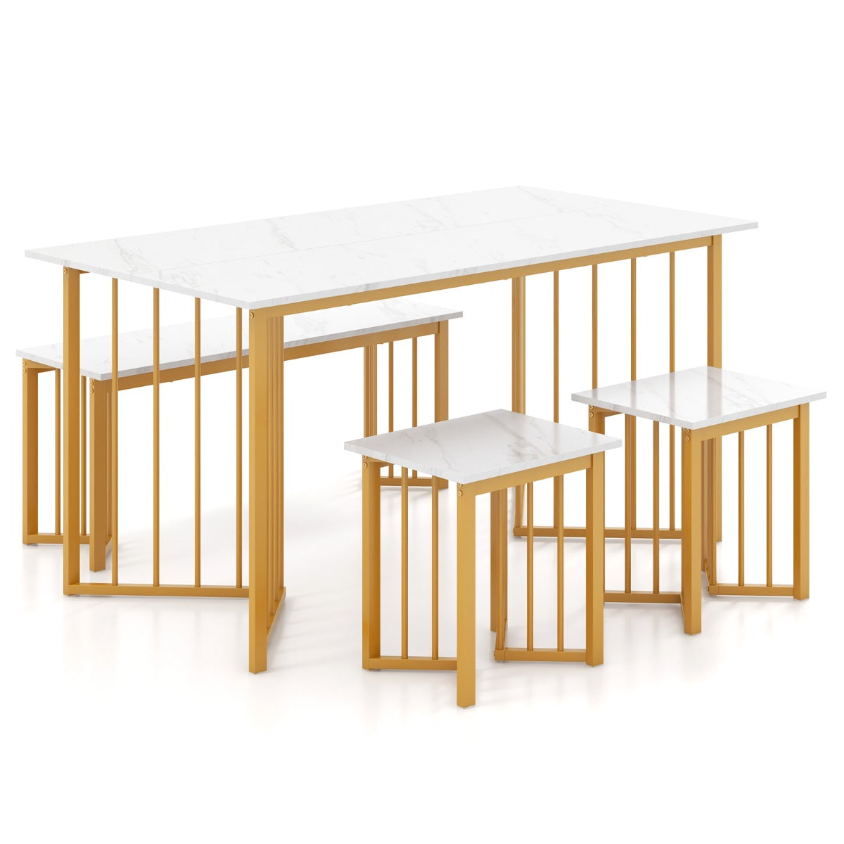 delat – matsalsset med stolar och bord bänk Modernt i marmor + gyllene – 4 2 – Vit
