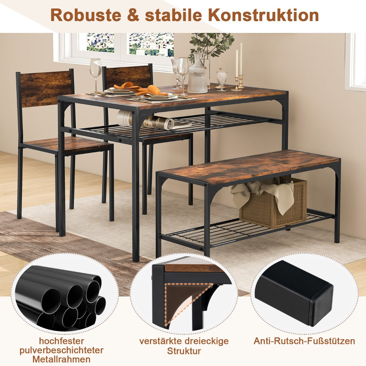 delat – matsalsbord med stolar och bänk hylla industriell sittgrupp – 4 2 1 – Brun