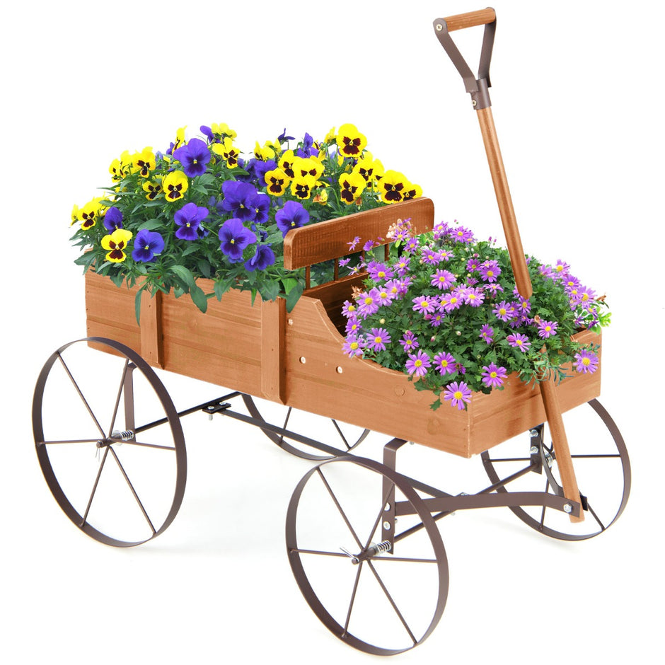Blomsterställ – trävagn växtvagn blomstervagn med hjul av metall – 62 x 34 x 60 cm – Orange