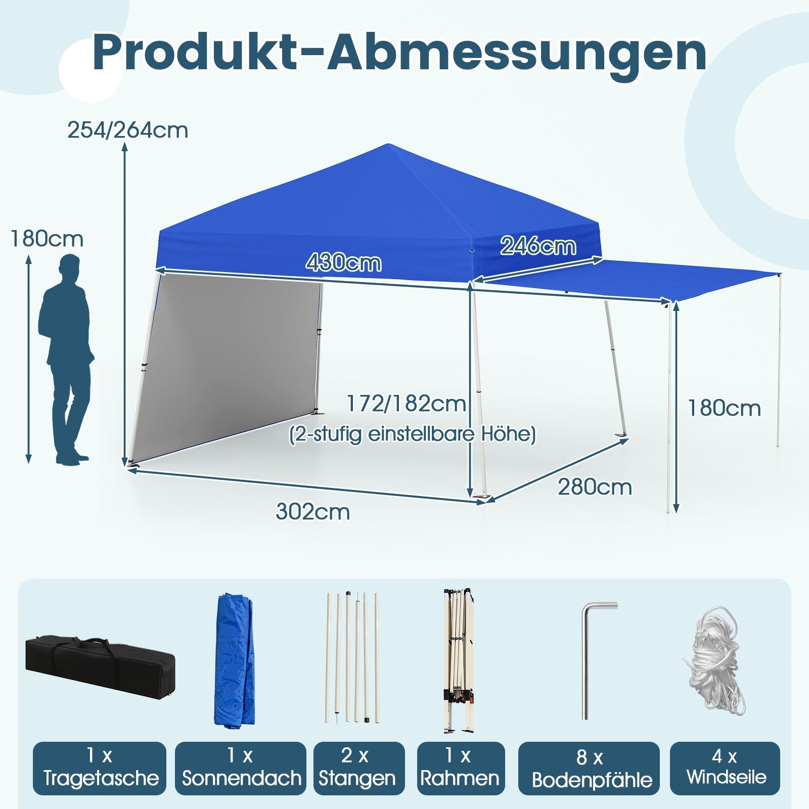 Pop – up Paviljong med omvandlingsbara sidoväggar till markis – 2 430 x 280 cm – Blå
