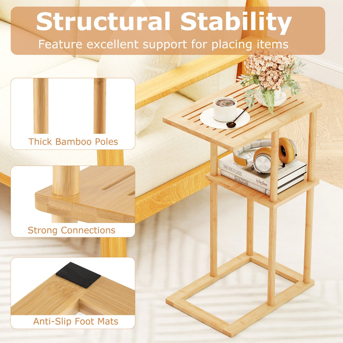 pack – sidobord Smalt nattduksbord Rektangulärt soffbord C form Bambu – 2 – Natur