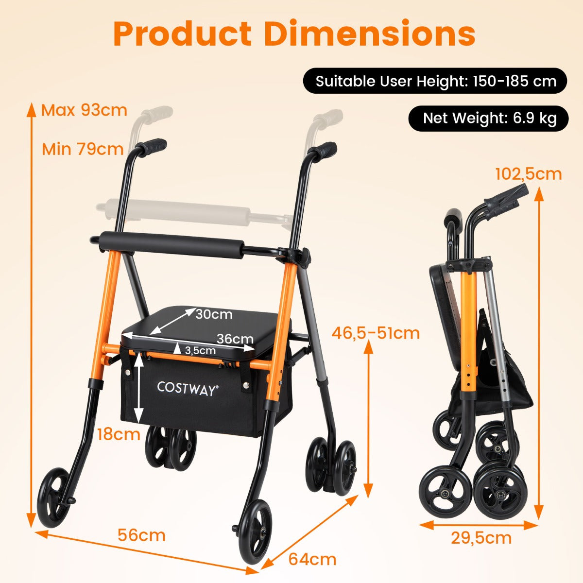 Fällbar – Resrollator Höjdjusterbar Med Sits Korg Lätt Aluminium Upp Till För Seniorer Orange + – 136 kg – Svart