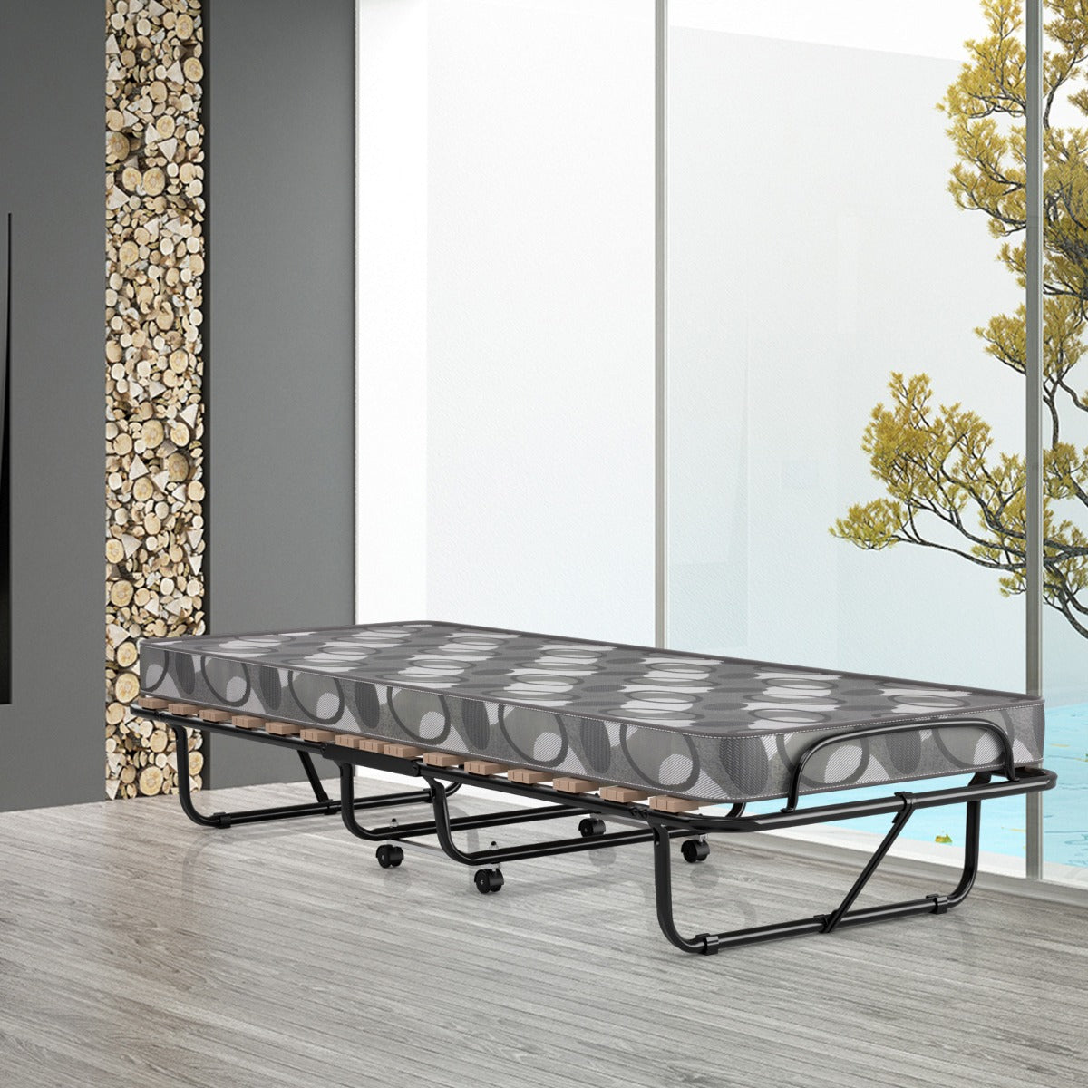 Fällsäng – med madrass Bärbar och rullbar gästsäng tillverkad i Italien Ursprungsland: – 190 x 80 x 33 cm – Grå
