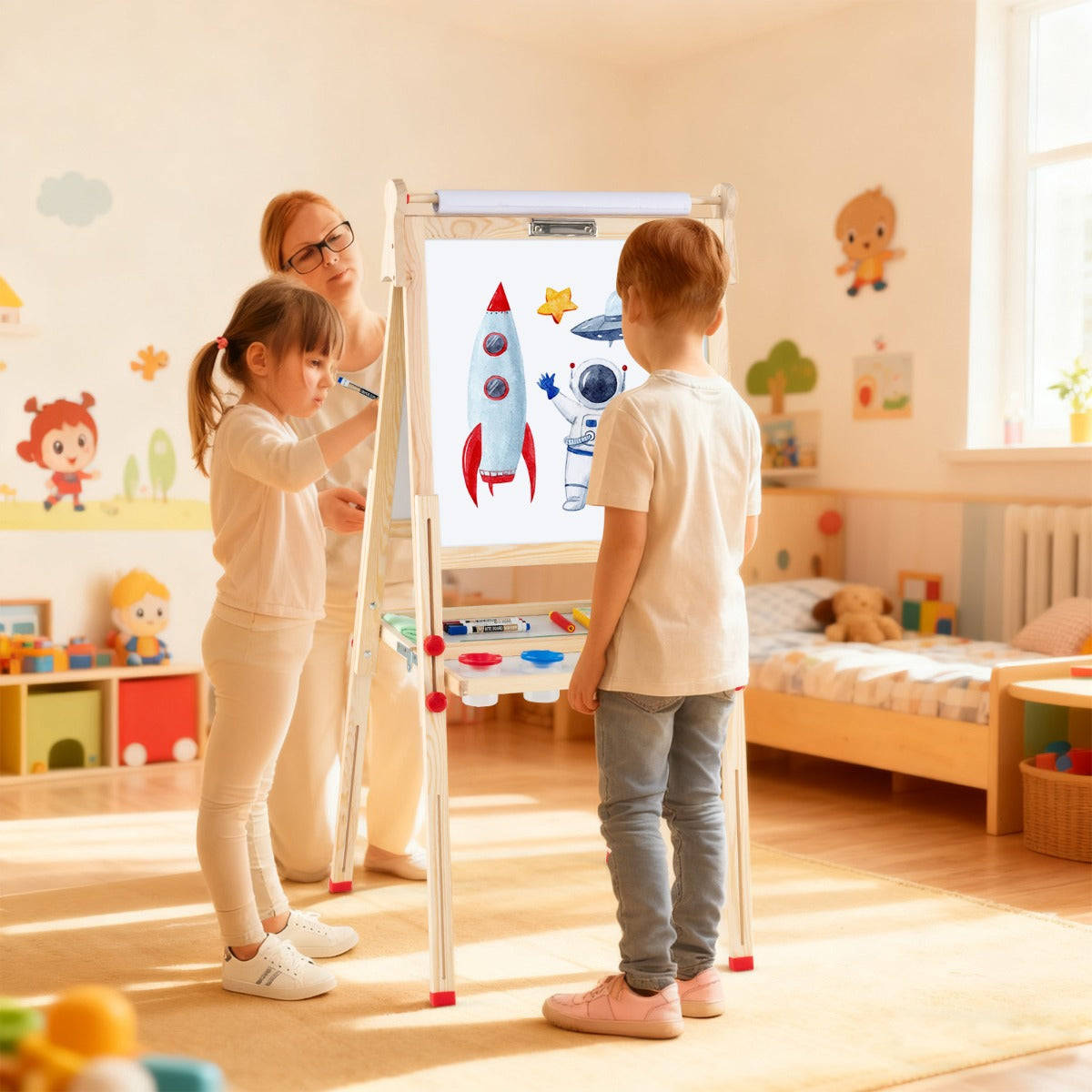 Trä – Konststaffli för Barn i ihopfällbar dubbelsidig magnetisk med Whiteboard Tavel – 3 1 – Natur