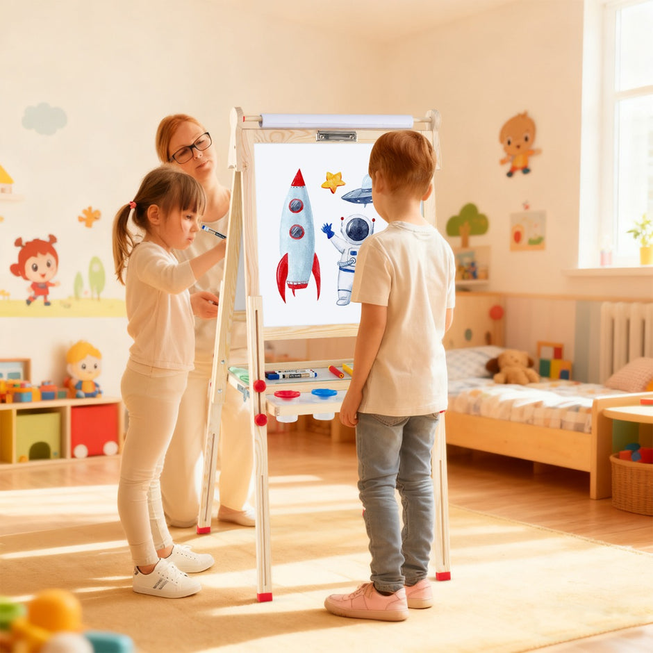Trä – Konststaffli för Barn i ihopfällbar dubbelsidig magnetisk med Whiteboard Tavel – 3 1 – Natur