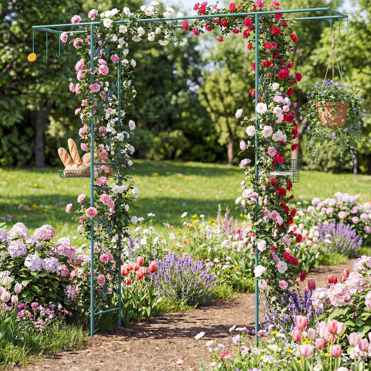 Trädgårdsbåge – med matstation, robust vattenskål, gallerbricka, fettmatare – 213 cm – Grön