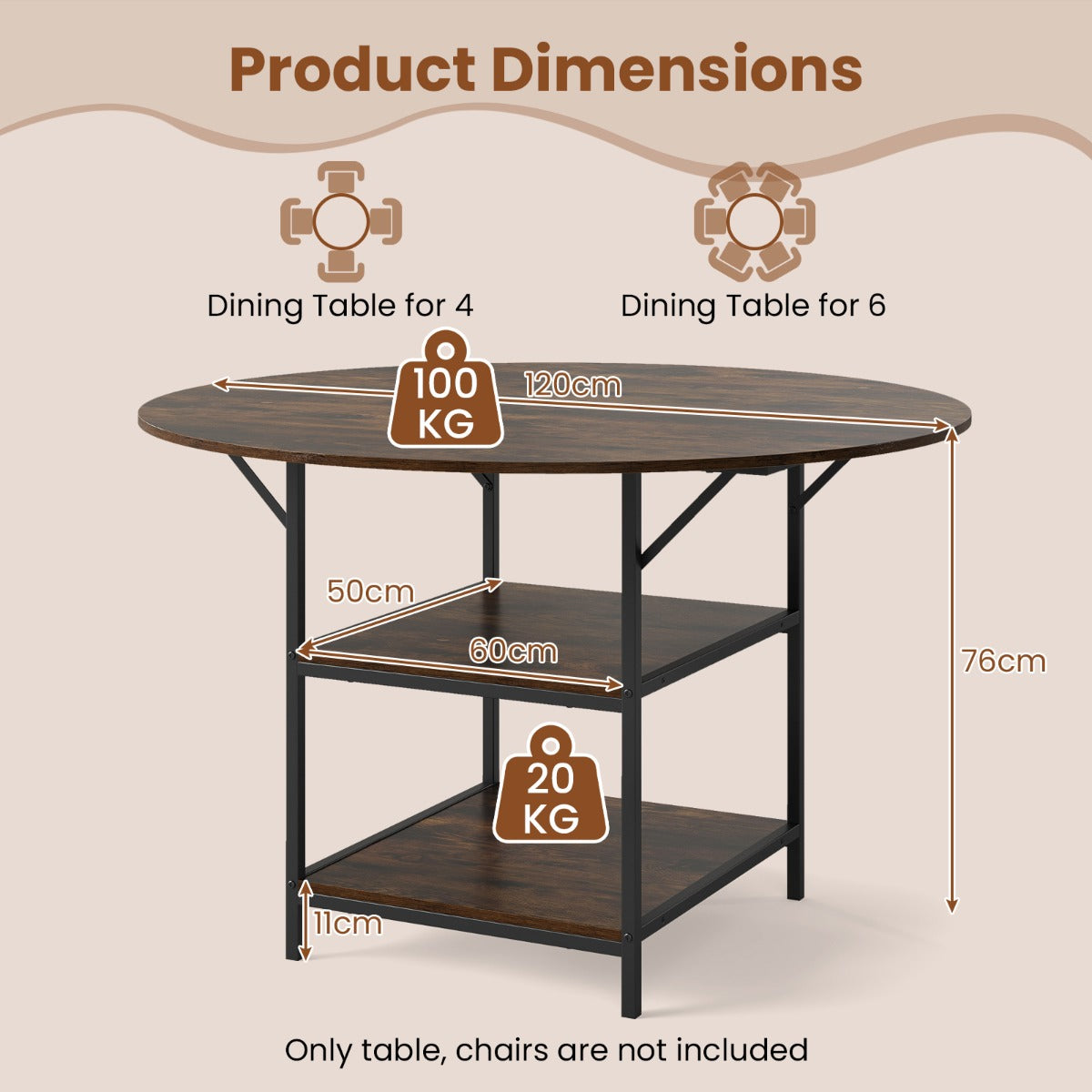 Runt – Matbord för upp till Person med lager Förvaringsfack och Metallställ Köksbord – 4 6 2 120 cm – Brun