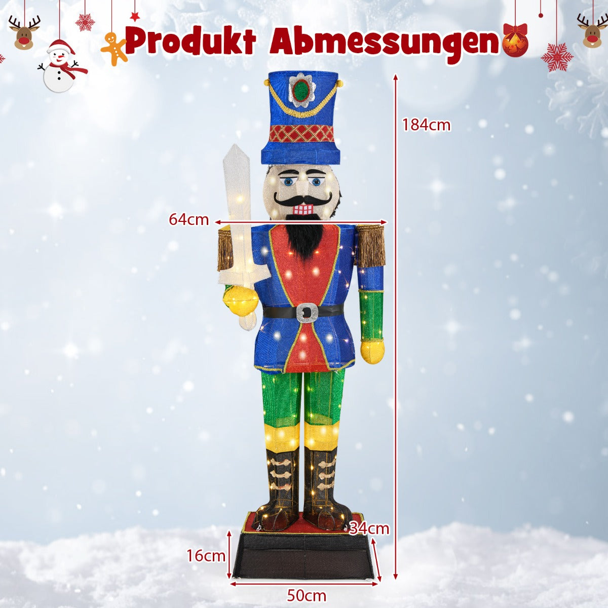 Jul – Nötknäckare Figur stor belyst juldekoration XXL – 184 cm – Färgglad