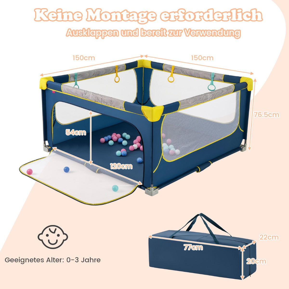 Fällställe – Baby hopfällbar Lekplats med bollar handtag och dragkedjedörr – 50 4 150 x 150 cm – Blå