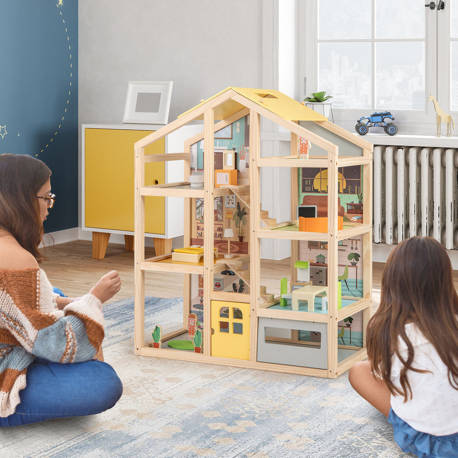 Barn – trädockhus med möbler och figurer familjespelhus DIY drömhus – Natur
