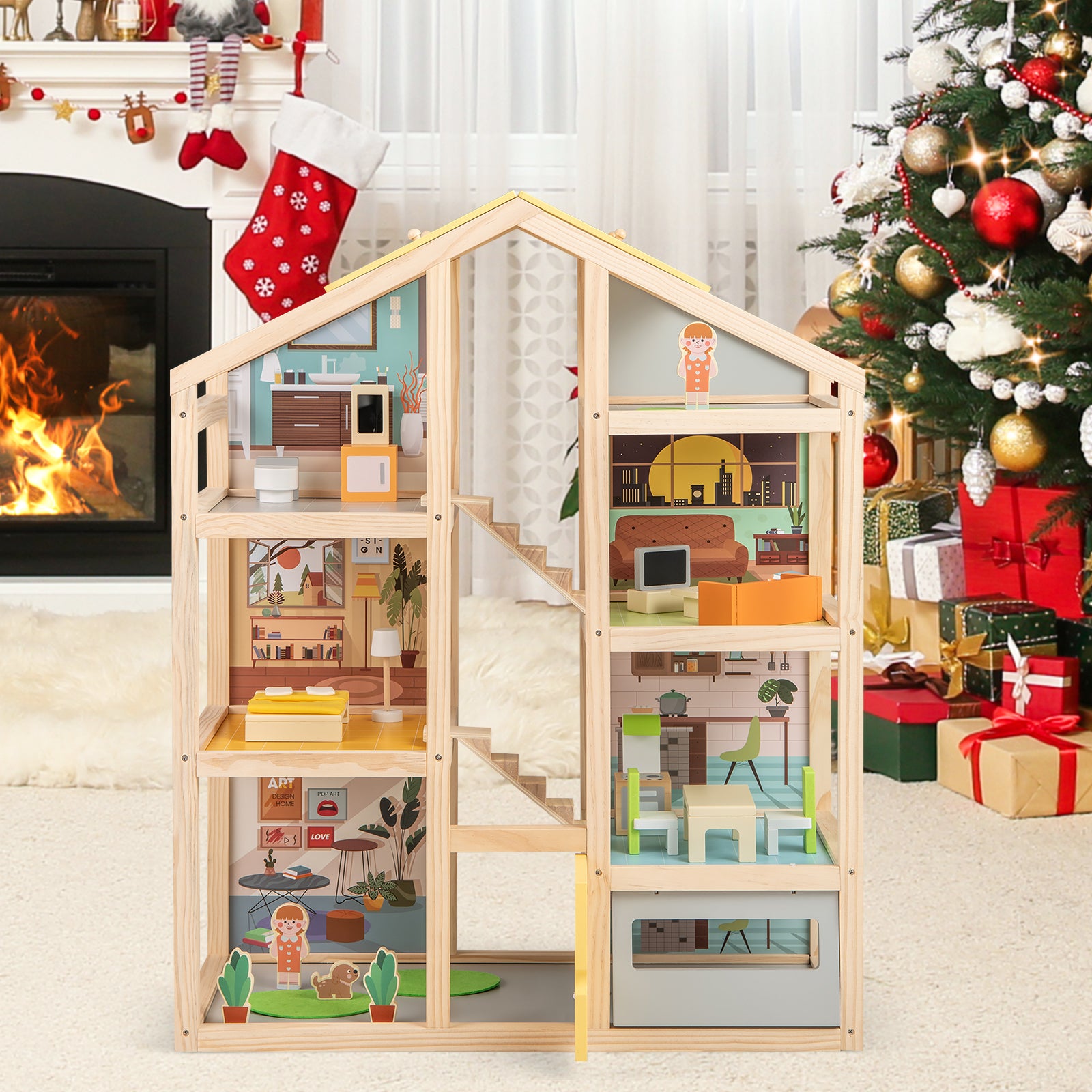 Barn – trädockhus med möbler och figurer familjespelhus DIY drömhus – Natur