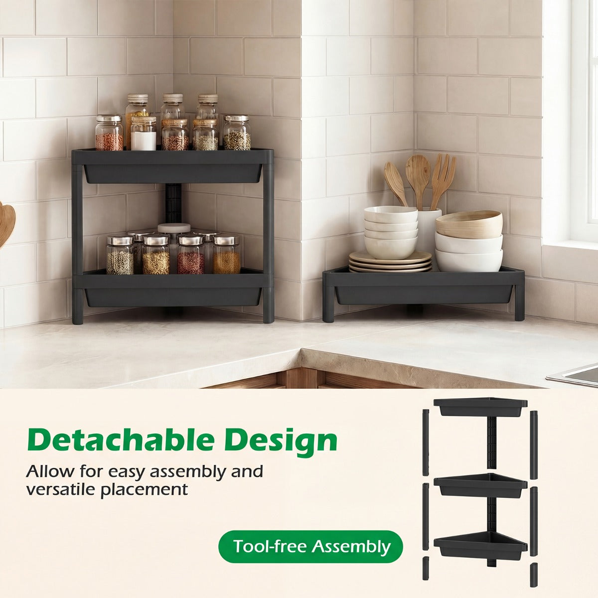 pack – hörnhylla med avtagbar design och dräneringshål fristående badrumshylla – 2 – Svart