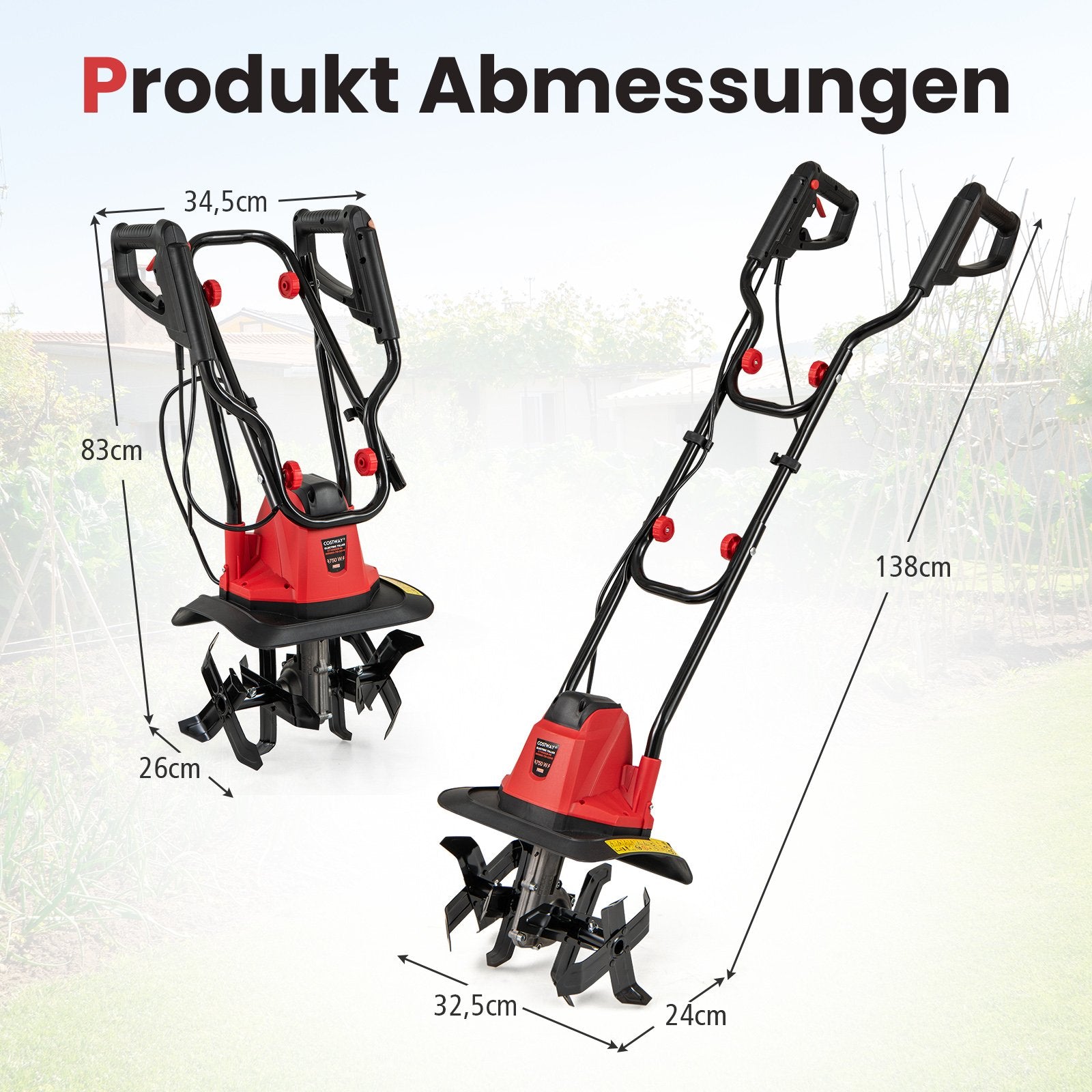 Elektrisk – motorhacka 750W | Arbetsbredd Arbetsdjup varv/min eljordhacka med skyddsbrytare och handtag – 32 cm 22 cm 380 32,5 x 24 x 138 cm – Röd