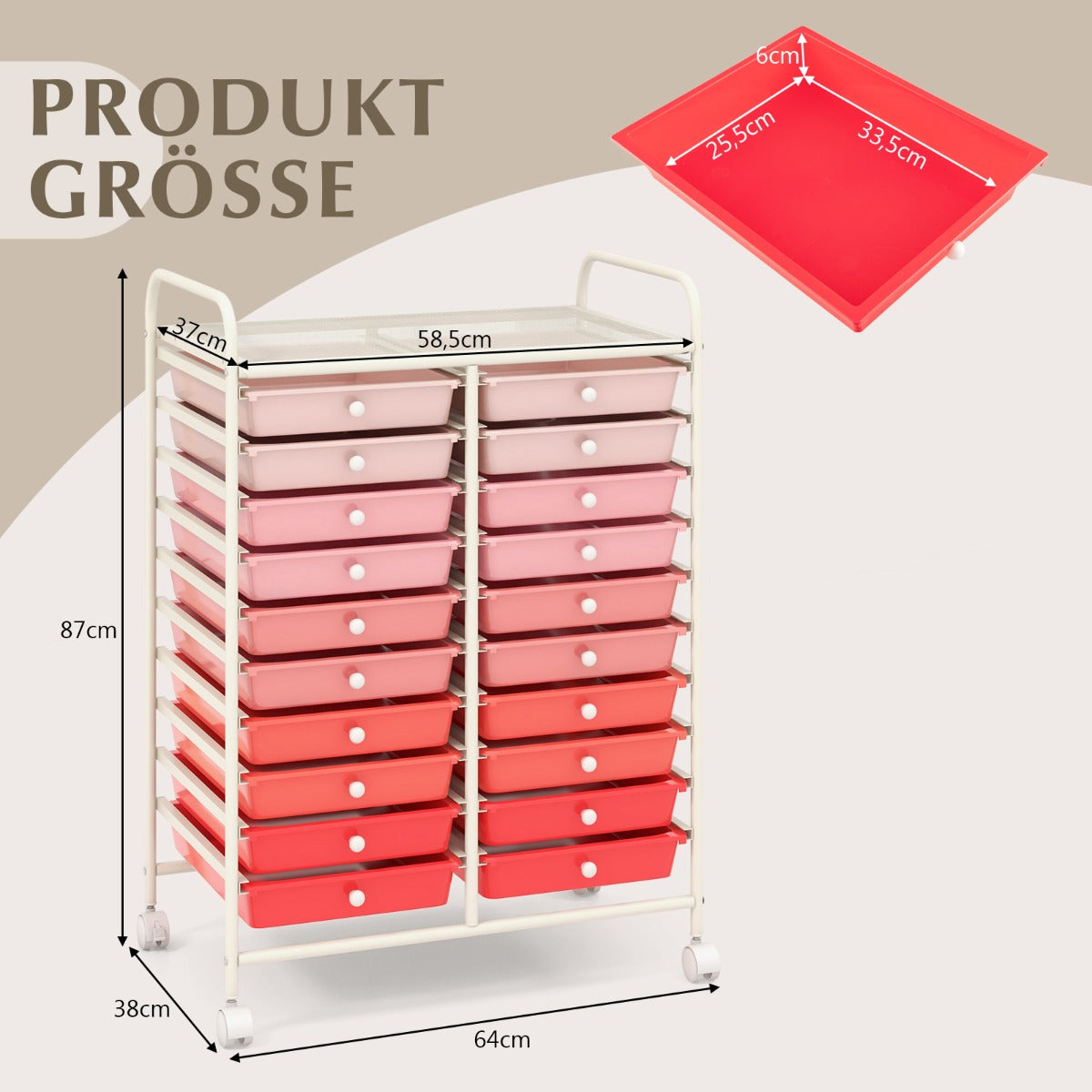 Rollwagen – mit Stapelbaren Schubladen och Metallgestell Rollcontainer – 20 – Rosa