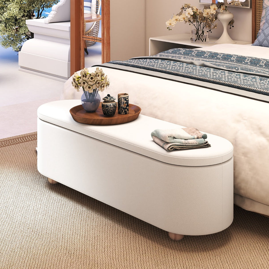 Oval – förvaringsbänk med lock Polstrad ottoman pall lång – 139 cm – Vit