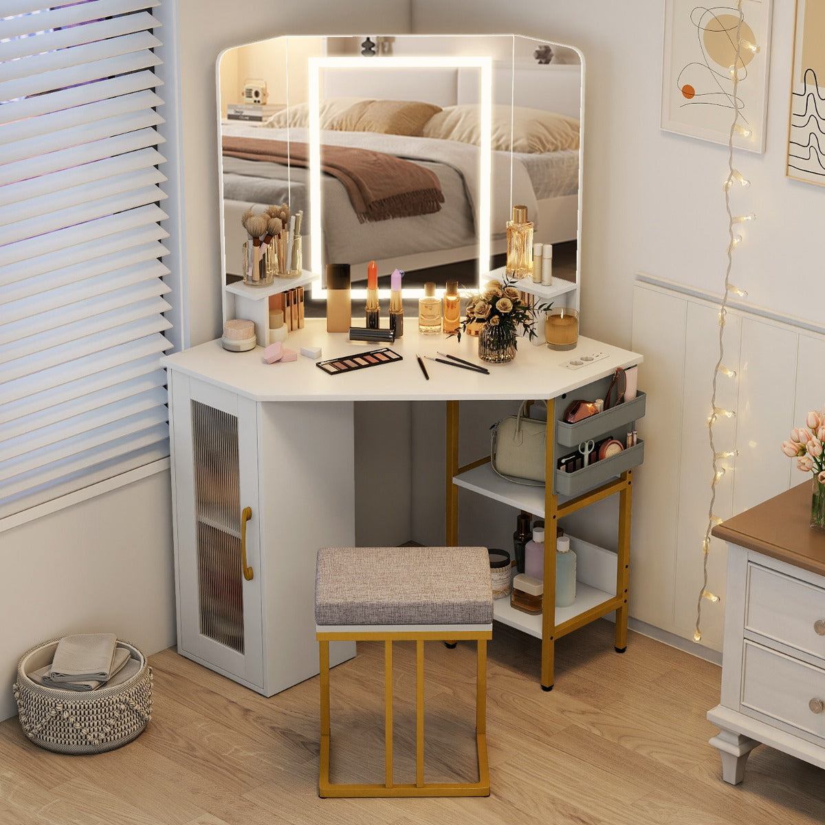 Hörn – Sminkbord med Pall och LED Belysning Laddningsstation Frisörbord Skönhetsbord – Vit