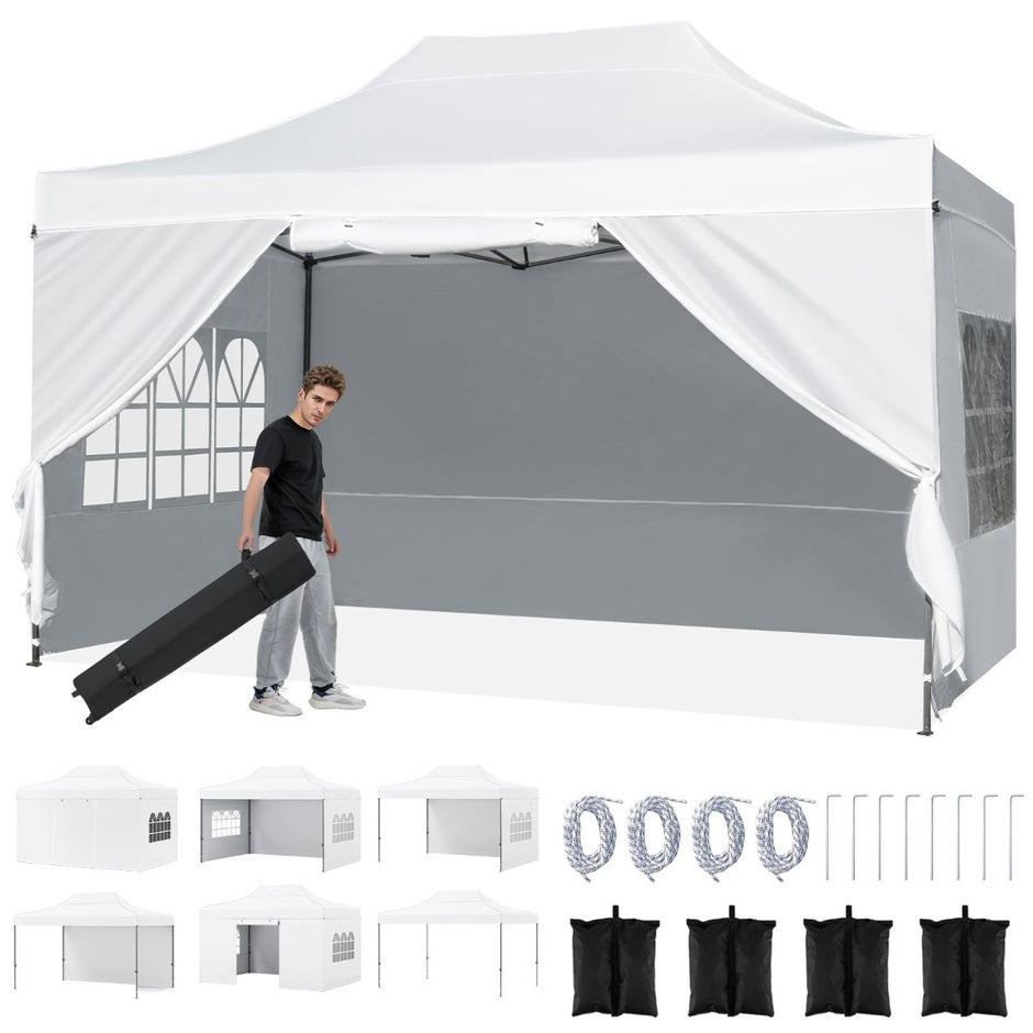Pop – up paviljong vädertålig hopfällbar med fyra sidoväggar metallram – 3 x 4,5 m – Vit
