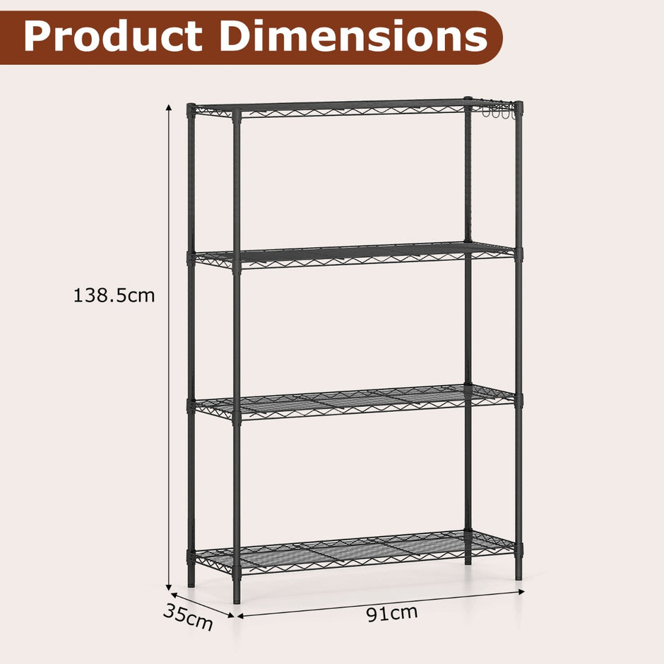 vånings – metall ställhylla med krokar och justerbara hyllor tunglasthylla – 4 4 91 x 35 x 138,5 cm – Svart
