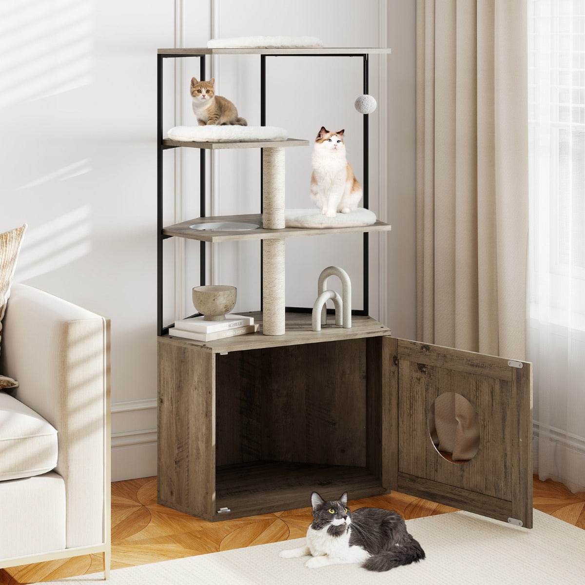 Klösträd – med Kattsandlåda Skåp och Katthål Matt för Kattmöbel – Brun