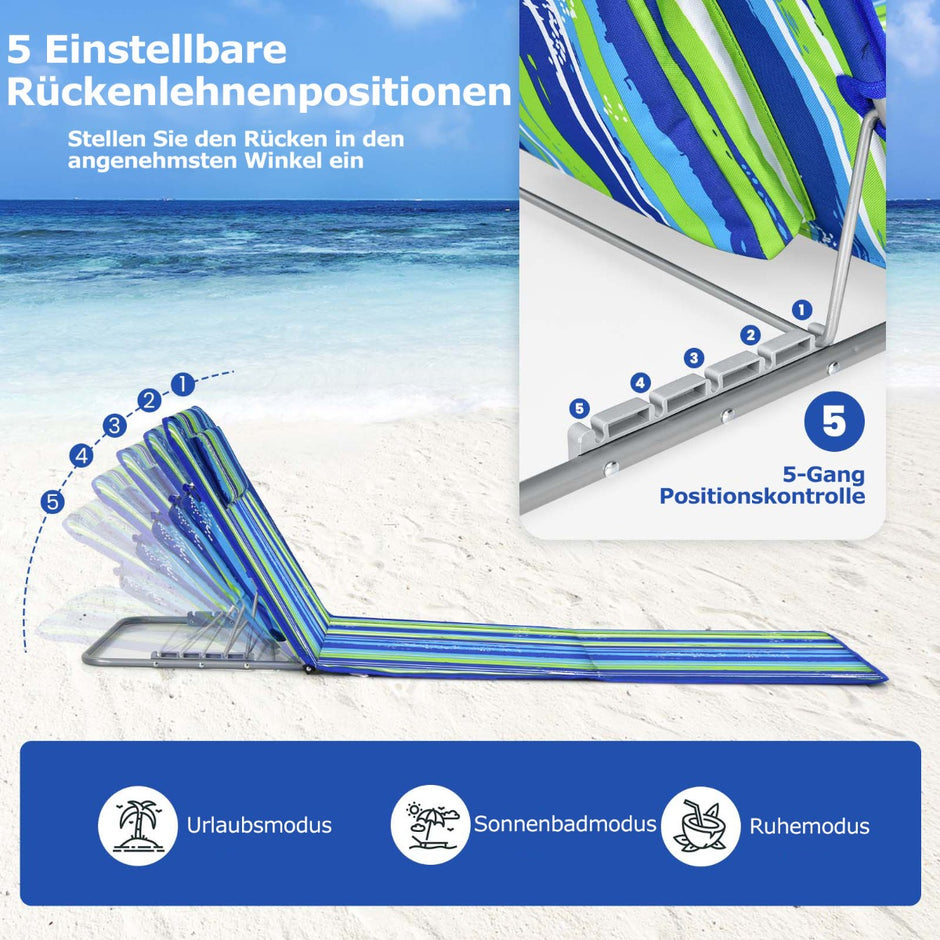 Strandmatta – med Sidobord Justerbar Solstolsset + – 2 x 151 x 55,5 x 27-47 – Blå och grön