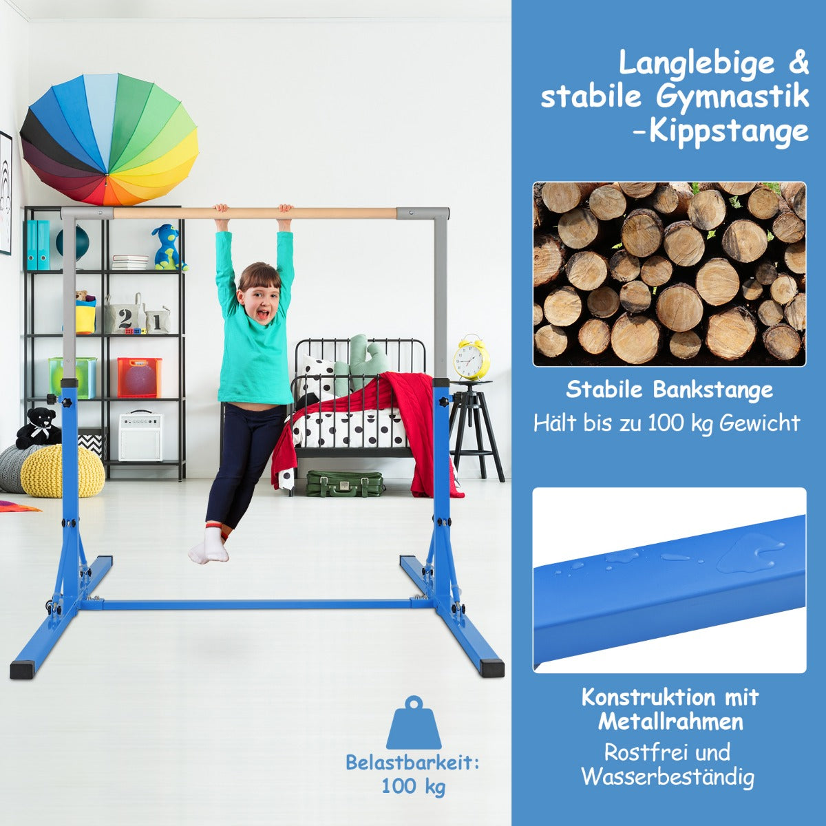 Vikbar – gymnastikstång för barn Vacklingsfri hemträningsutrustning (90-150) cm – 136 x 172 x – Blå