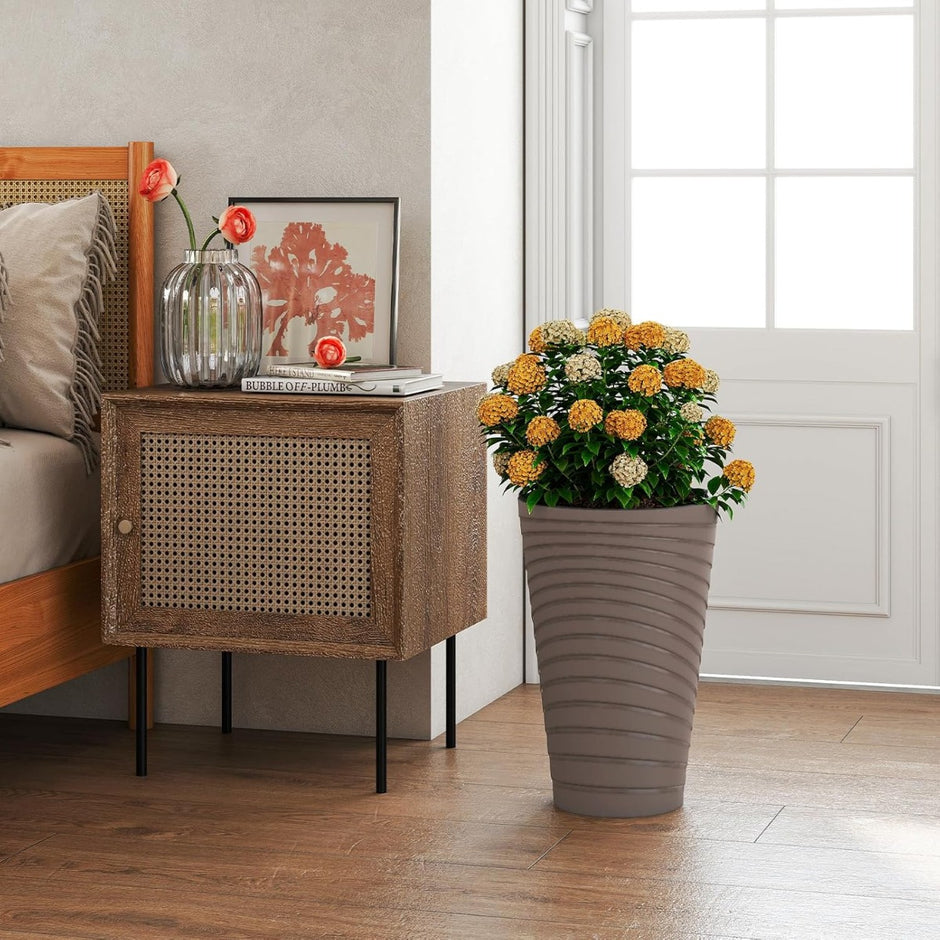 stycken – planteringskärl med innerkruka höga runda planteringsbehållare väderbeständiga blomkrukor dräneringshål PP – 2 45 cm – Brun