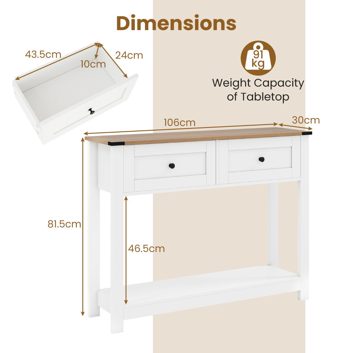 Konsolbord – med lådor och hylla Smalt sidobord Modern entrébord Vitt – 2 – Vit